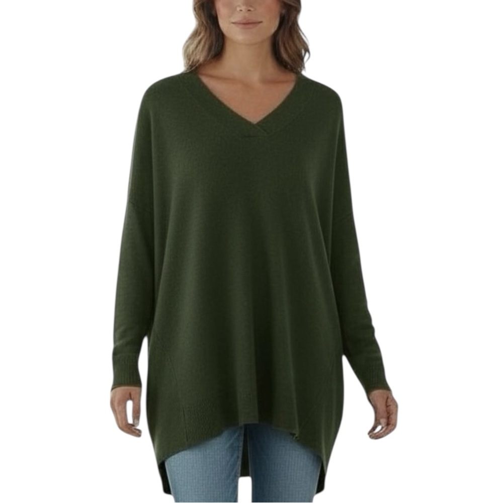 Women's Olive Green V-Neck Oversized Nubby Cotton Blend Sweater - XL